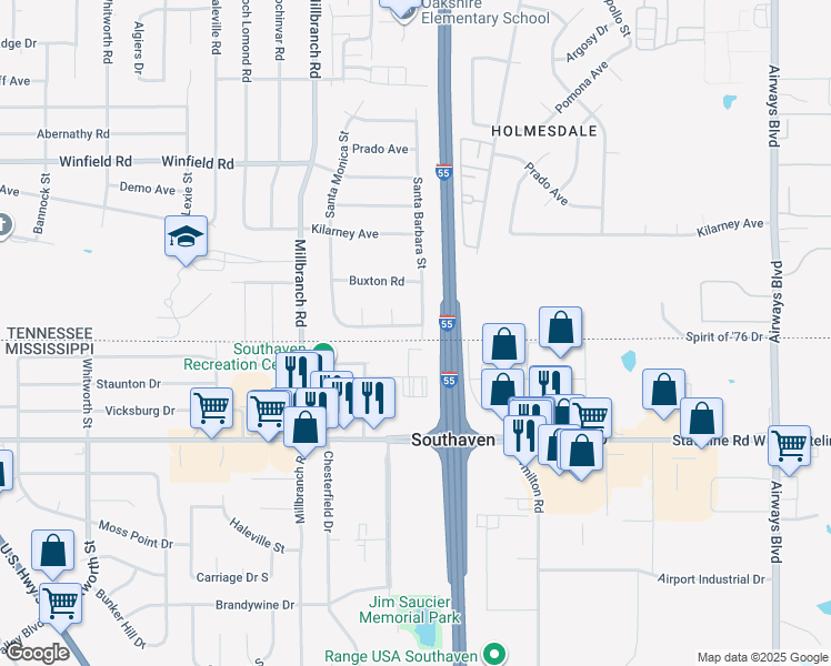 map of restaurants, bars, coffee shops, grocery stores, and more near 1799 Santa Clara Avenue in Memphis