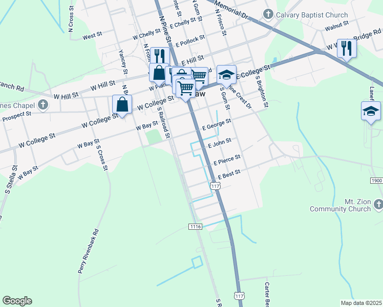 map of restaurants, bars, coffee shops, grocery stores, and more near 115 West John Street in Warsaw