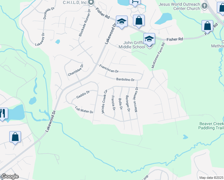 map of restaurants, bars, coffee shops, grocery stores, and more near 2804 Franzia Drive in Fayetteville