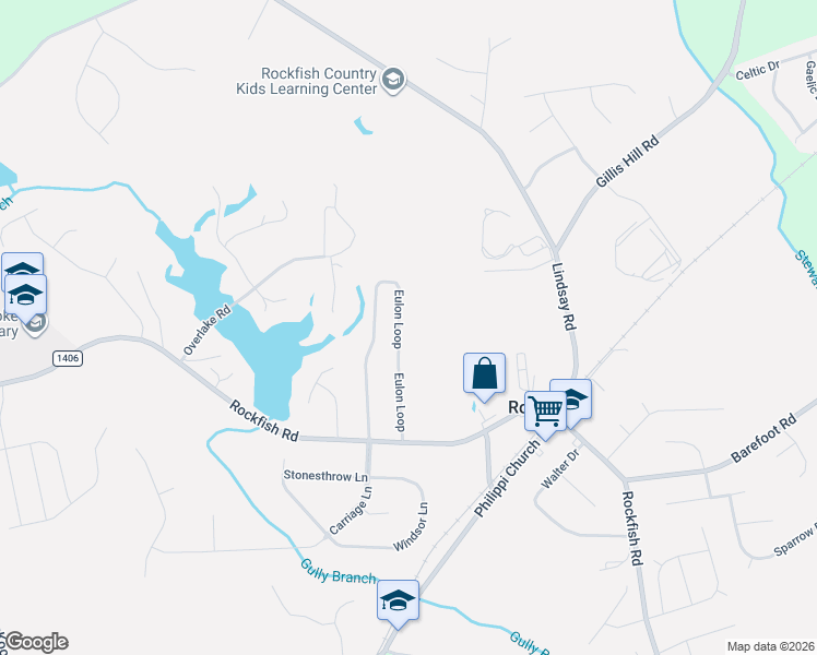 map of restaurants, bars, coffee shops, grocery stores, and more near 153 Eulon Loop in Raeford