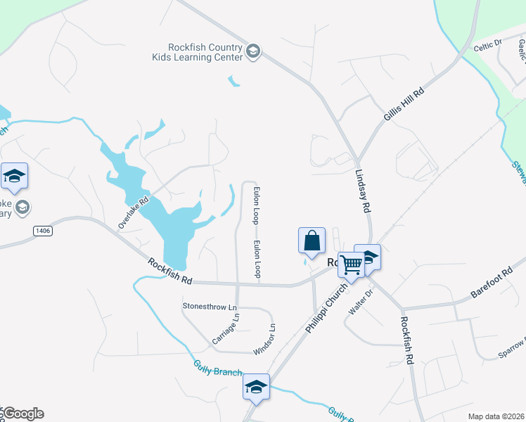 map of restaurants, bars, coffee shops, grocery stores, and more near 153 Eulon Loop in Raeford