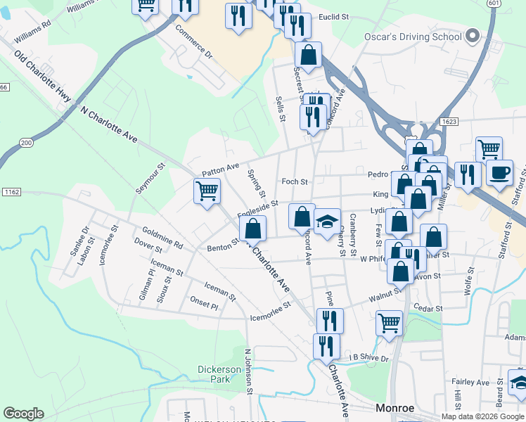 map of restaurants, bars, coffee shops, grocery stores, and more near 525 Engleside Street in Monroe