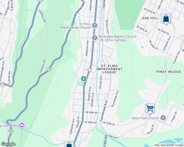 map of restaurants, bars, coffee shops, grocery stores, and more near 4802 Virginia Avenue in Chattanooga