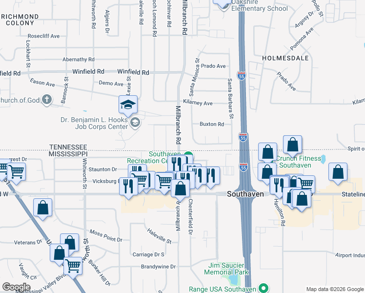 map of restaurants, bars, coffee shops, grocery stores, and more near 942 Town and Country Drive in Southaven
