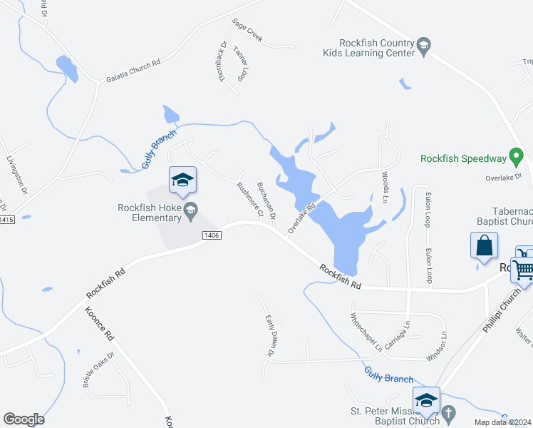 map of restaurants, bars, coffee shops, grocery stores, and more near 128 Rushmore Court in Raeford