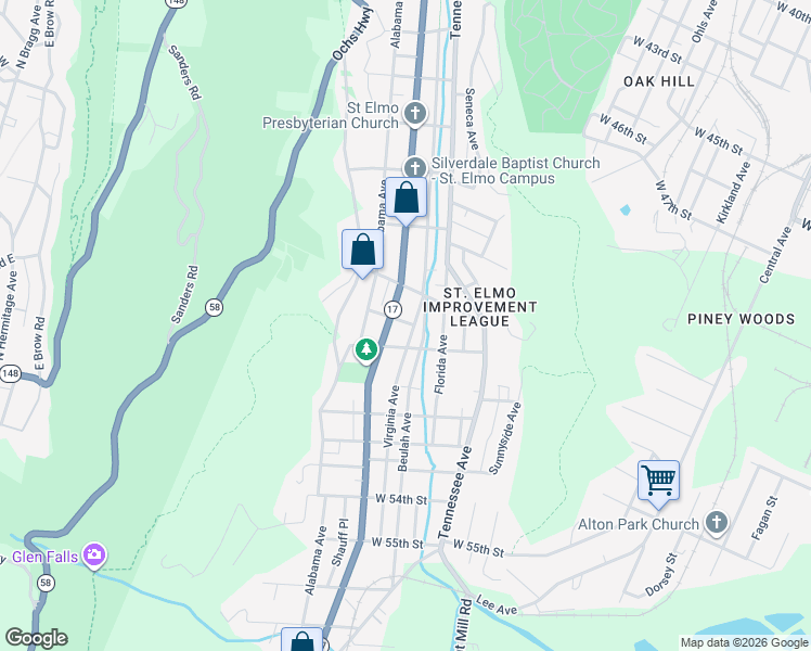 map of restaurants, bars, coffee shops, grocery stores, and more near 4802 Virginia Avenue in Chattanooga
