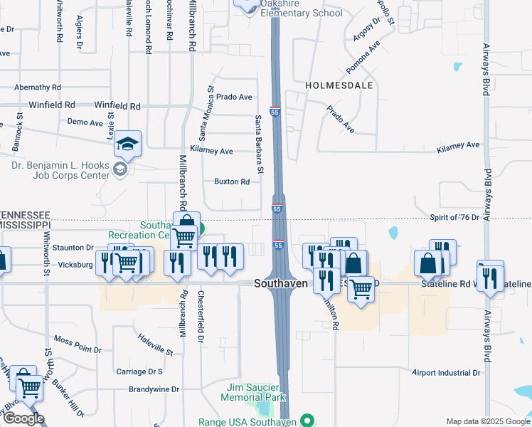 map of restaurants, bars, coffee shops, grocery stores, and more near 5618 Santa Barbara Street in Memphis