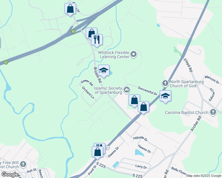 map of restaurants, bars, coffee shops, grocery stores, and more near 230 Bryant Road in Spartanburg
