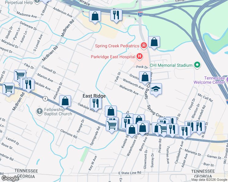 map of restaurants, bars, coffee shops, grocery stores, and more near 600 Yale Street in Chattanooga