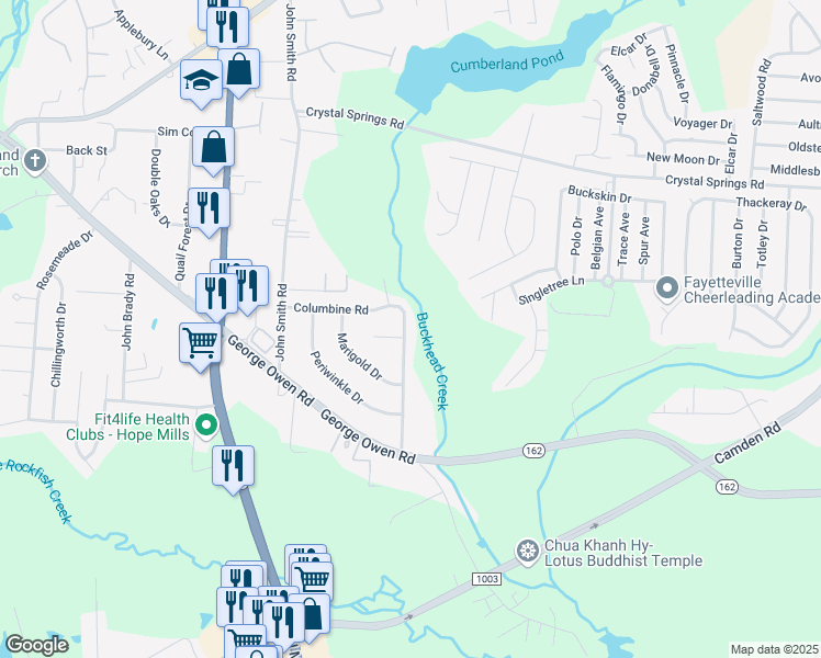 map of restaurants, bars, coffee shops, grocery stores, and more near 5858 Columbine Road in Fayetteville