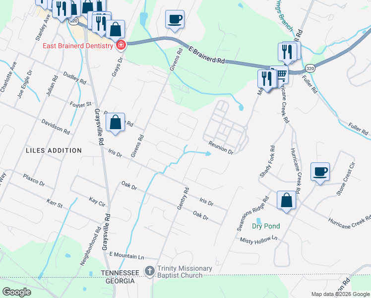 map of restaurants, bars, coffee shops, grocery stores, and more near 8561 Keystone Circle in Chattanooga