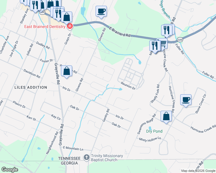 map of restaurants, bars, coffee shops, grocery stores, and more near 8560 Keystone Circle in Chattanooga