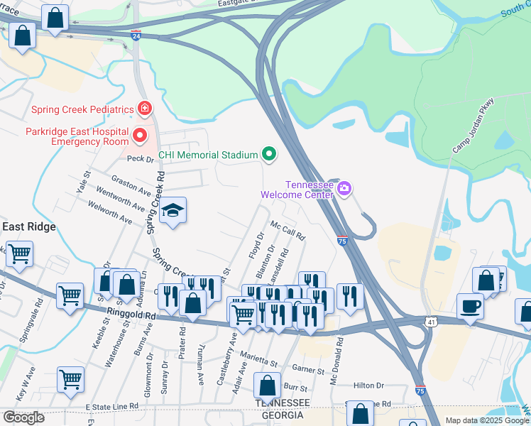 map of restaurants, bars, coffee shops, grocery stores, and more near 1012 Hurst Street in Chattanooga