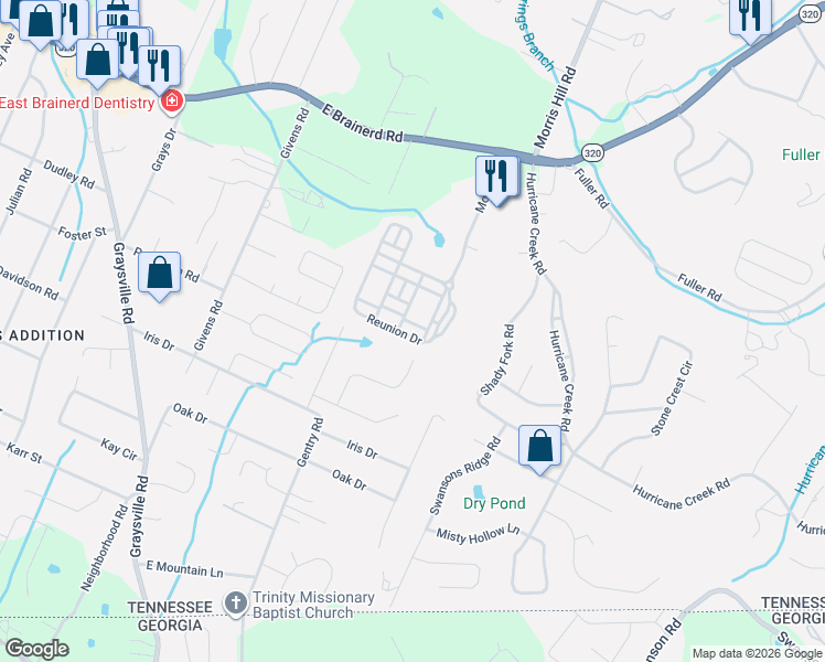 map of restaurants, bars, coffee shops, grocery stores, and more near 1076 Reunion Drive in Chattanooga