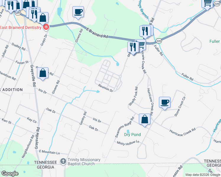 map of restaurants, bars, coffee shops, grocery stores, and more near 1076 Reunion Drive in Chattanooga