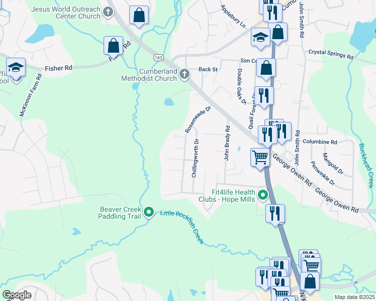 map of restaurants, bars, coffee shops, grocery stores, and more near 2941 Rosemeade Drive in Fayetteville