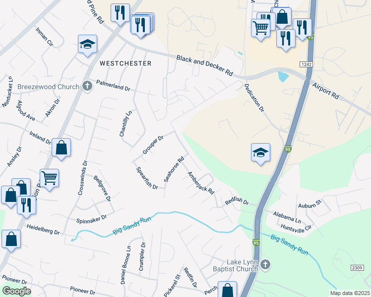 map of restaurants, bars, coffee shops, grocery stores, and more near 301-305 Seahorse Road in Fayetteville