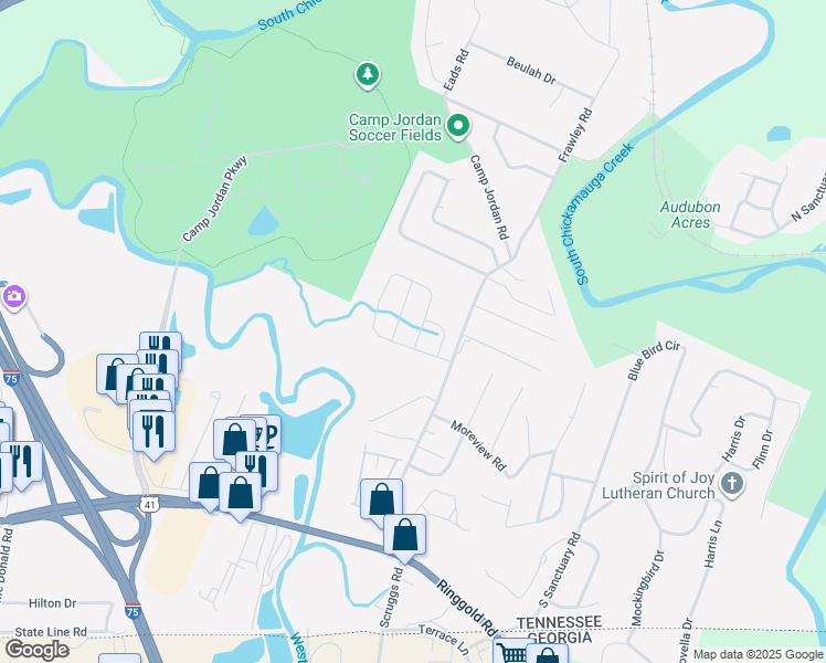 map of restaurants, bars, coffee shops, grocery stores, and more near 517 Frawley Road in Chattanooga