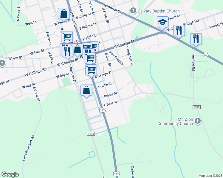 map of restaurants, bars, coffee shops, grocery stores, and more near East John Street in Warsaw