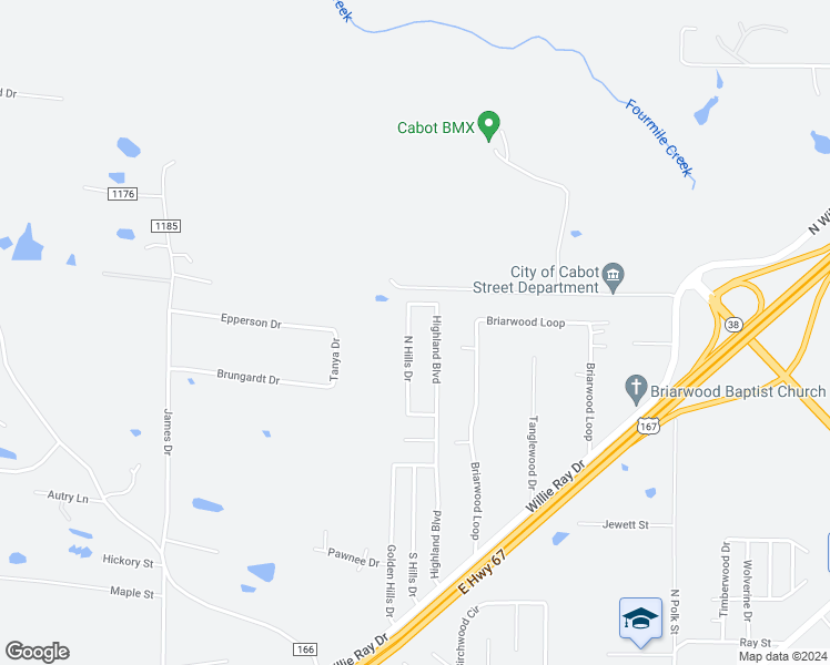 map of restaurants, bars, coffee shops, grocery stores, and more near 2030 North Hills Drive in Cabot