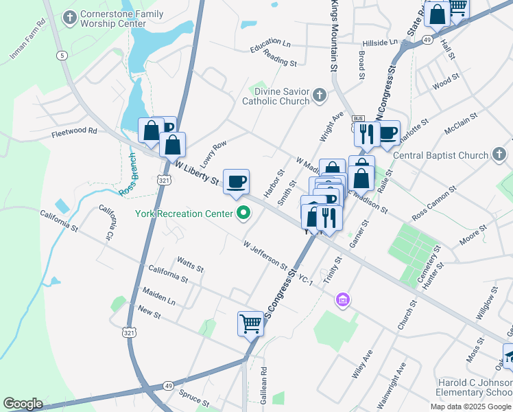map of restaurants, bars, coffee shops, grocery stores, and more near White Rose Lane in York
