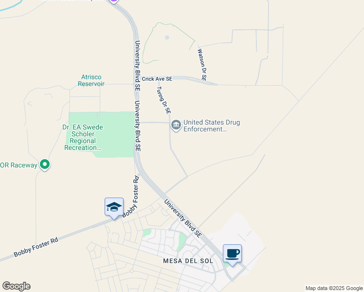 map of restaurants, bars, coffee shops, grocery stores, and more near 5610 Turing Drive Southeast in Albuquerque