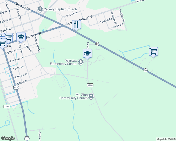 map of restaurants, bars, coffee shops, grocery stores, and more near 174-200 Lanefield Rd in Warsaw