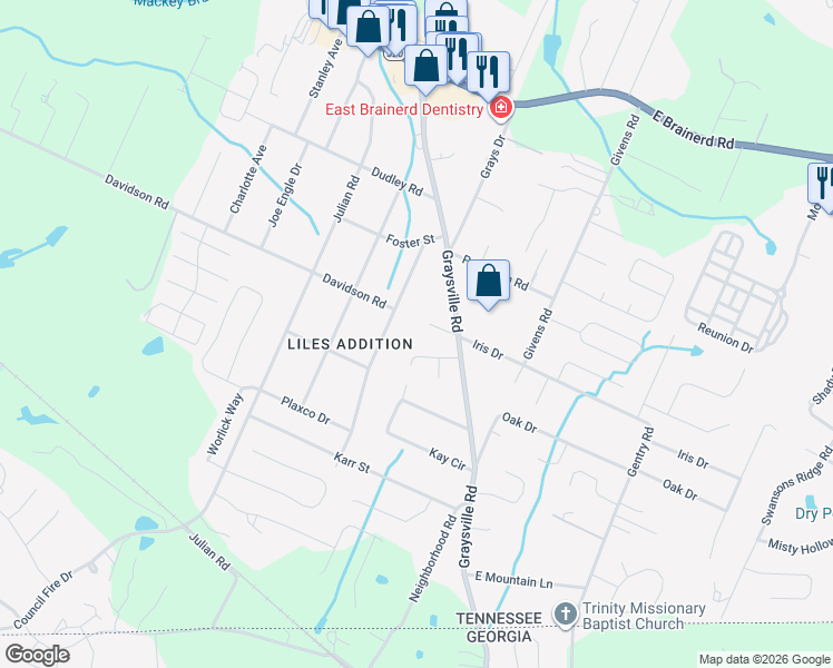map of restaurants, bars, coffee shops, grocery stores, and more near 8125 Elezabethton Lane in Chattanooga