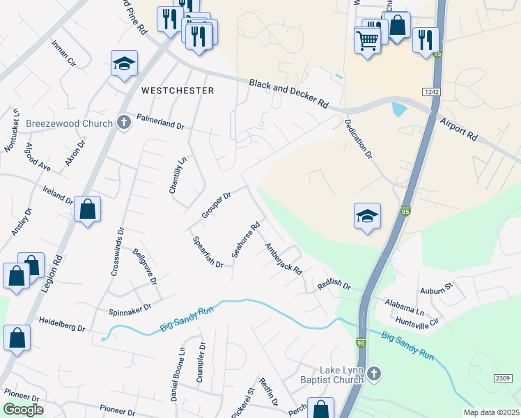 map of restaurants, bars, coffee shops, grocery stores, and more near 301-305 Seahorse Road in Fayetteville