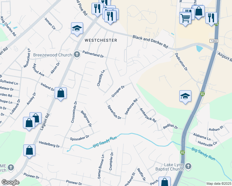 map of restaurants, bars, coffee shops, grocery stores, and more near 337-401 Grouper Drive in Fayetteville