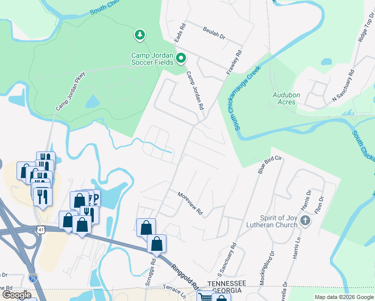 map of restaurants, bars, coffee shops, grocery stores, and more near 503 Frawley Road in Chattanooga