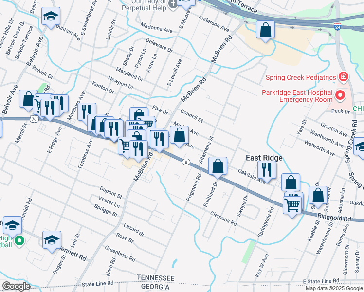 map of restaurants, bars, coffee shops, grocery stores, and more near 5319 Ringgold Road in Chattanooga