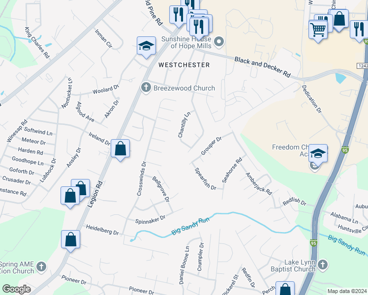 map of restaurants, bars, coffee shops, grocery stores, and more near 3362 Chantilly Lane in Hope Mills