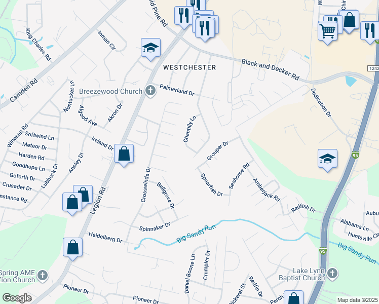 map of restaurants, bars, coffee shops, grocery stores, and more near 3362 Chantilly Lane in Hope Mills