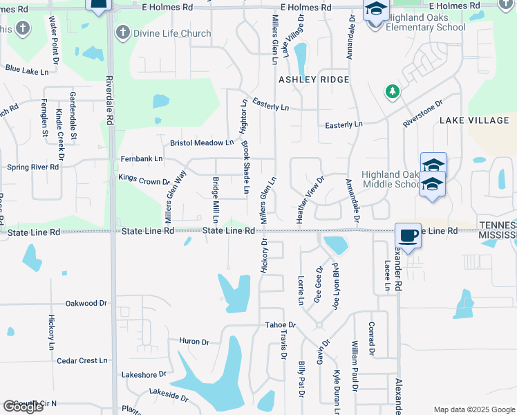 map of restaurants, bars, coffee shops, grocery stores, and more near 5591 Millers Glen Lane in Memphis
