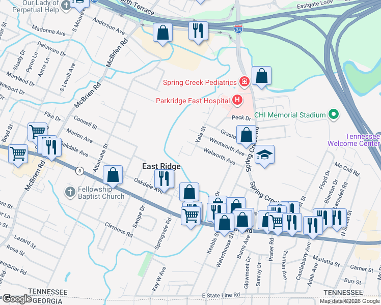 map of restaurants, bars, coffee shops, grocery stores, and more near 600 Yale Street in Chattanooga