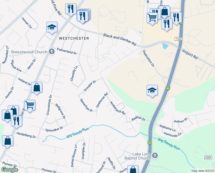 map of restaurants, bars, coffee shops, grocery stores, and more near 301-305 Seahorse Road in Fayetteville