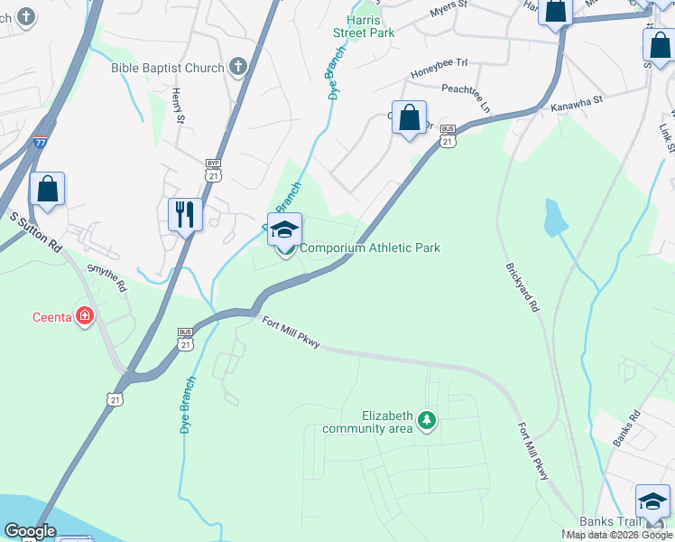 map of restaurants, bars, coffee shops, grocery stores, and more near 1289 Spratt Street in Fort Mill