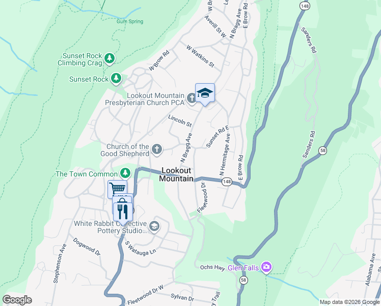 map of restaurants, bars, coffee shops, grocery stores, and more near 115 North Bragg Avenue in Lookout Mountain