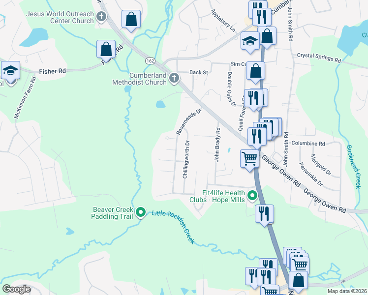 map of restaurants, bars, coffee shops, grocery stores, and more near 2840 Chillingworth Drive in Fayetteville