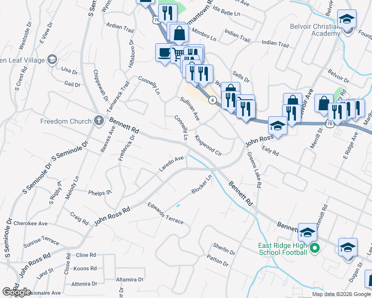 map of restaurants, bars, coffee shops, grocery stores, and more near 3714 Connelly Lane in Chattanooga