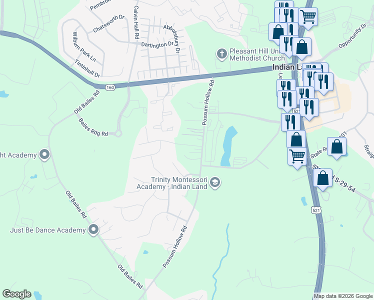map of restaurants, bars, coffee shops, grocery stores, and more near 9537 Possum Hollow Road in Indian Land