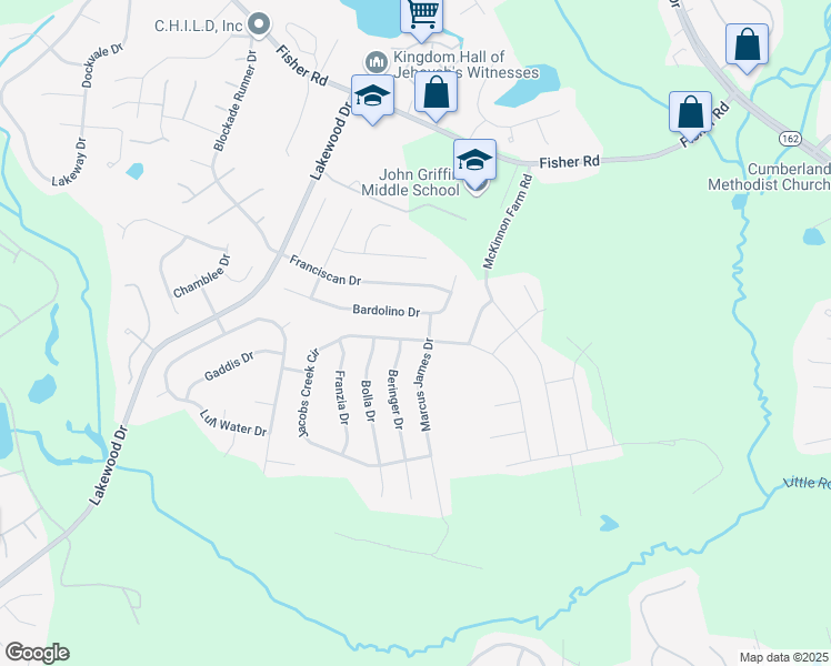 map of restaurants, bars, coffee shops, grocery stores, and more near 6404 Jacobs Creek Circle in Fayetteville