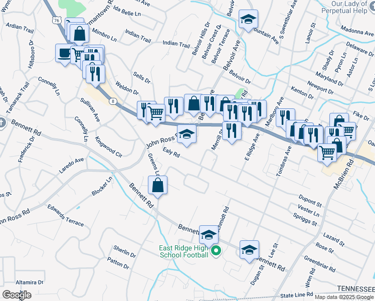 map of restaurants, bars, coffee shops, grocery stores, and more near 1014 John Ross Road in Chattanooga