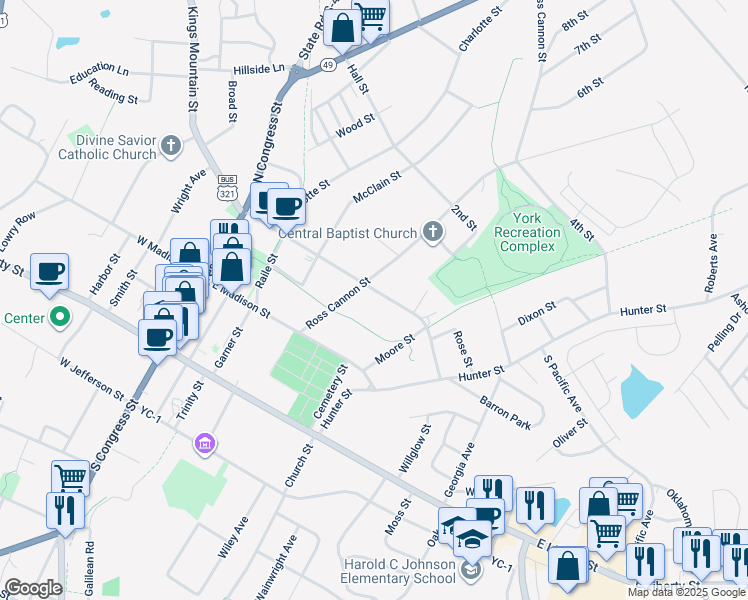 map of restaurants, bars, coffee shops, grocery stores, and more near 116 Ross Cannon Street in York