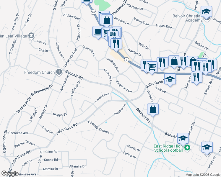 map of restaurants, bars, coffee shops, grocery stores, and more near 3714 Connelly Lane in Chattanooga