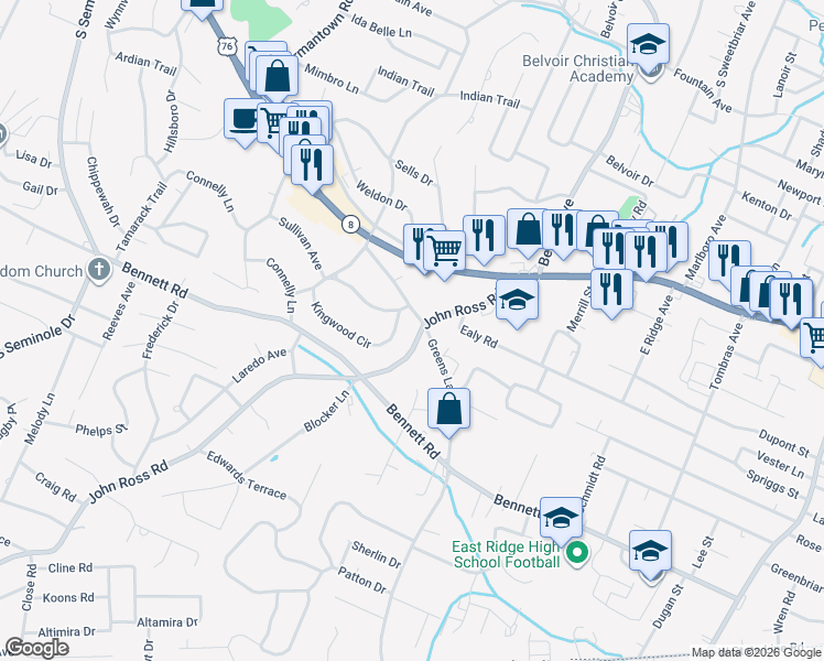 map of restaurants, bars, coffee shops, grocery stores, and more near 1105 John Ross Road in Chattanooga