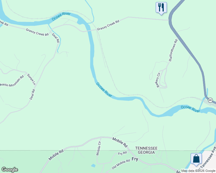 map of restaurants, bars, coffee shops, grocery stores, and more near 190 River Mist Road in Copperhill