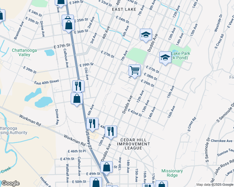 map of restaurants, bars, coffee shops, grocery stores, and more near 9th Avenue in Chattanooga