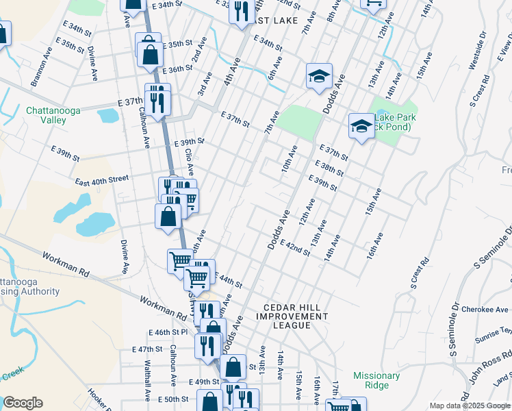 map of restaurants, bars, coffee shops, grocery stores, and more near 9th Avenue in Chattanooga
